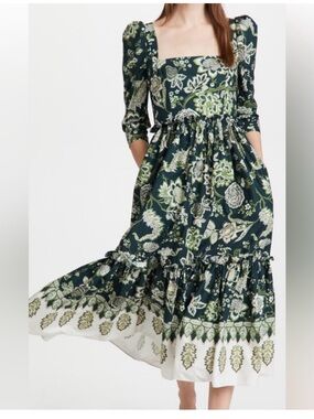 Cara Cara Blue Hill Floral Midi Dress Green Square Neck Tiered NWOT